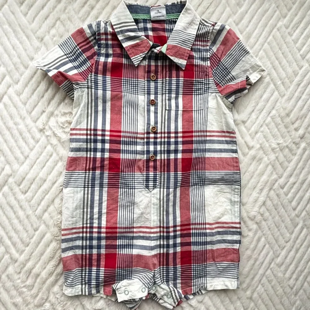 Egg by Susan Lazar 18M Plaid Short Sleeve Romper Red Blue Check Cotton
